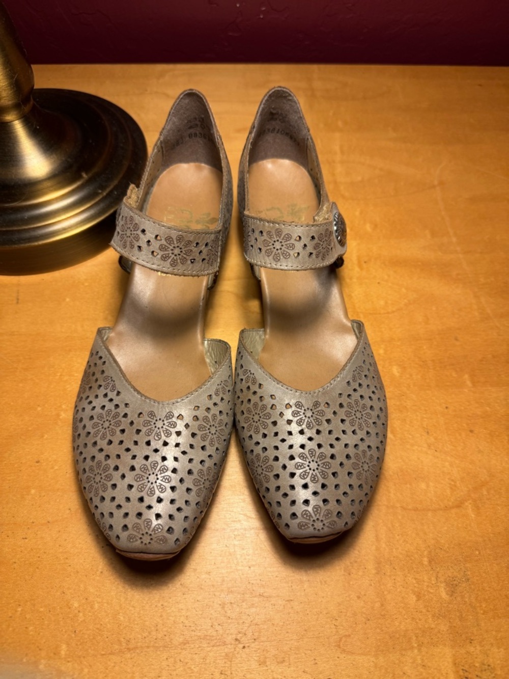Reiker Perforated Floral Mary Jane Clogs in Taupe size 8
